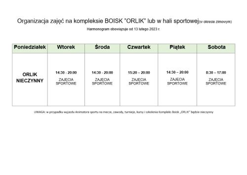 Harmonogram Zajęć na Orliku