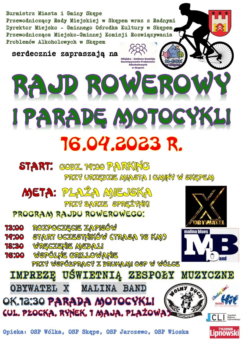 Plakat dotyczący rajdu rowerowego i parady motocyklowej 16.04.2023 r.