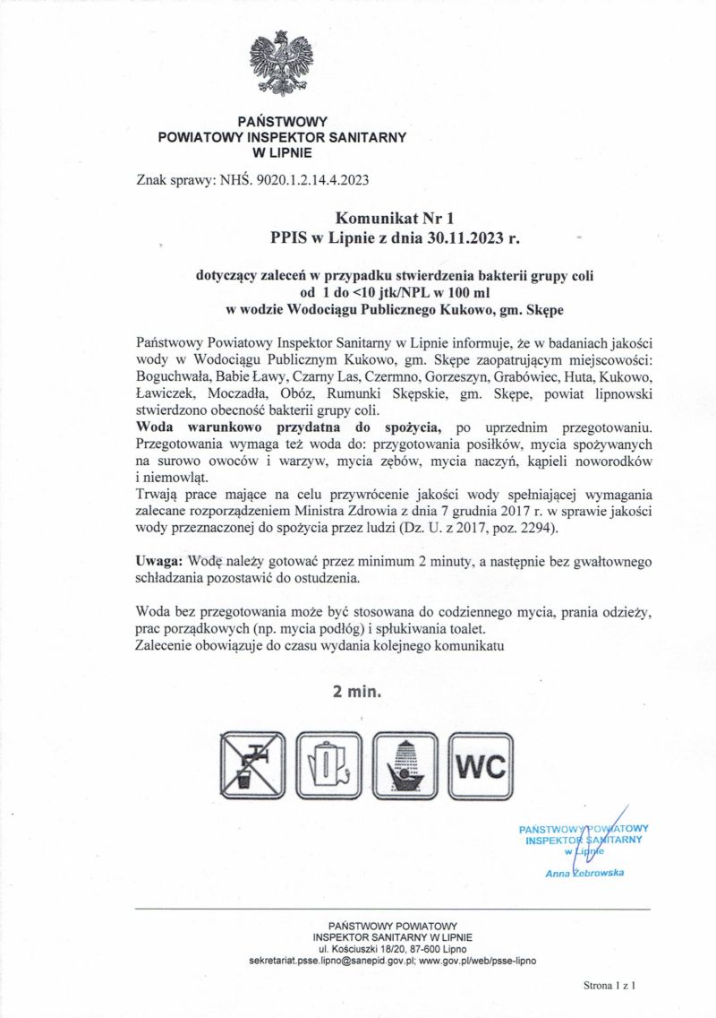 Komunikat z dnia 30.11.2023 dotyczący zaleceń w przypadku stwierdzenia bakterii grupy coli w wodzie Wodociągu Publicznego...