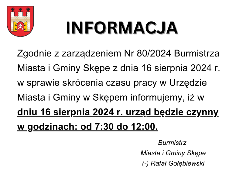 Informacja - skrócone godziny pracy