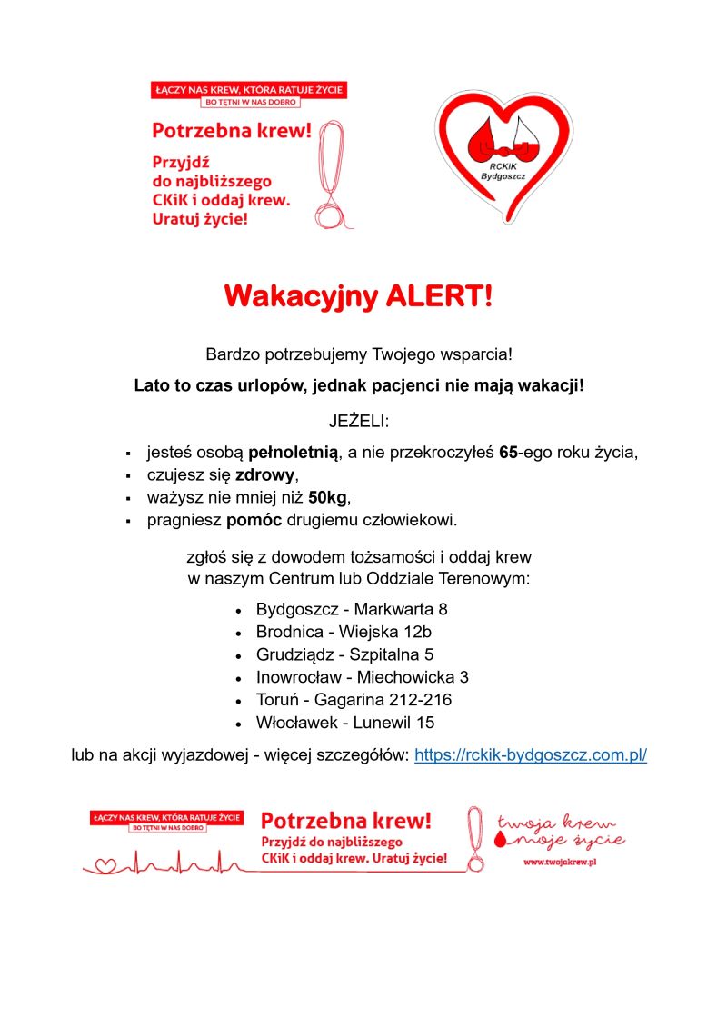 Plakat informacyjny dotyczący zapotrzebowania na krew
