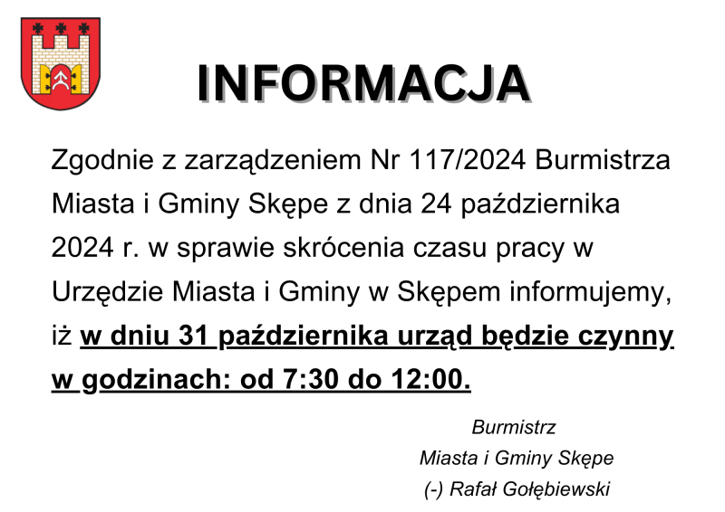 Informacja skrócone godziny pracy