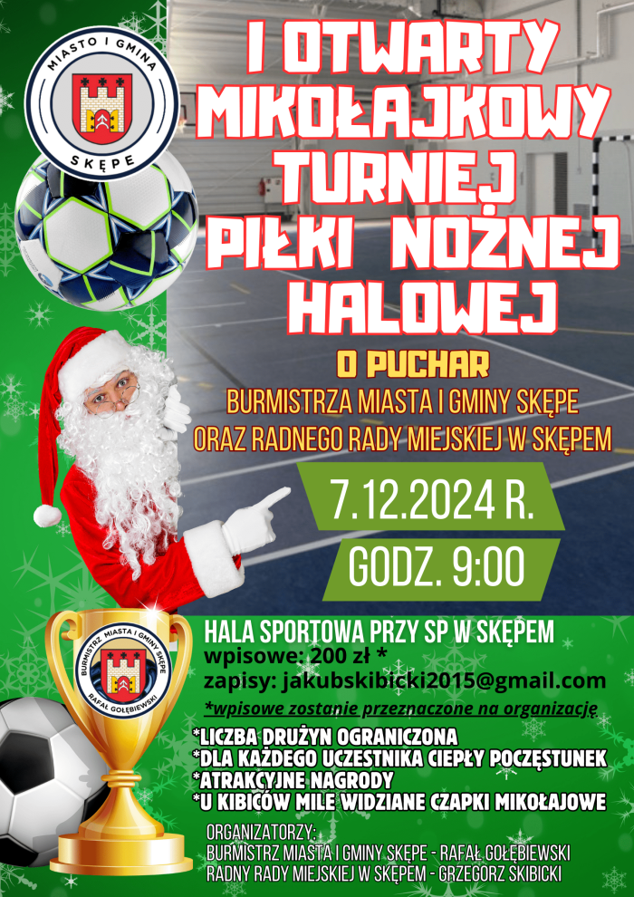 Plakat informacyjny - I Otwarty Mikołajkowy Turniej Piłki Nożnej Halowej