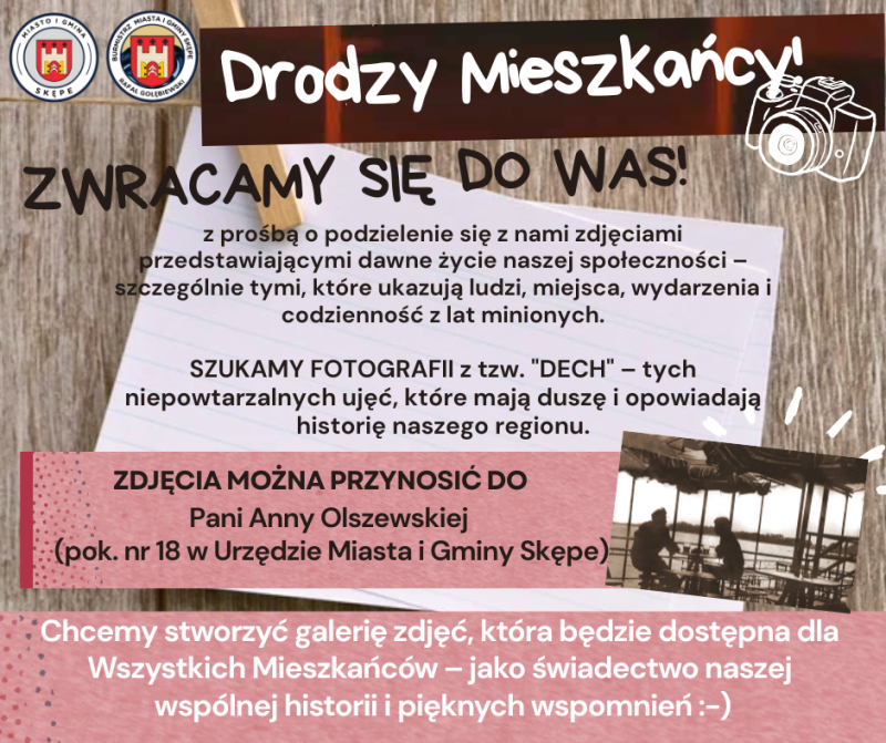 Plakat promujący zachęcenie mieszkańców do przynoszenia zdjęć.