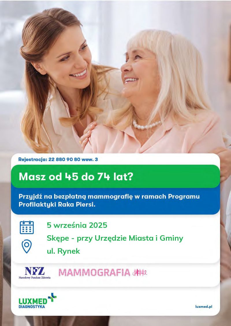 Plakat informacyjny bezpłatna mamografia od 45 do 74 lat