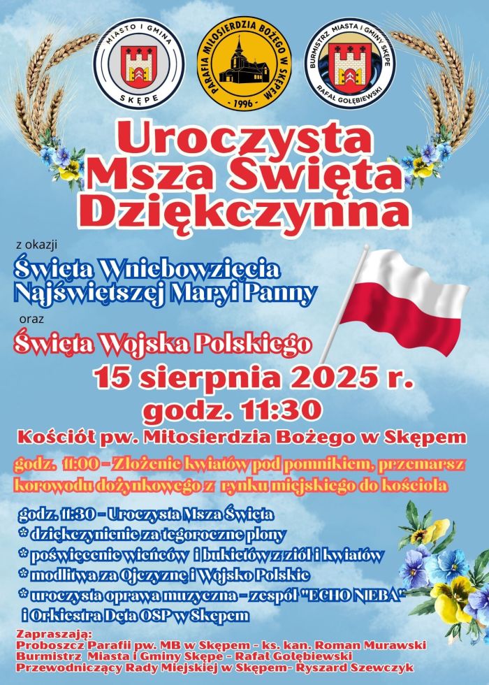 Plakat informacyjny dotyczący Uroczystej Mszy Świętej Dzięczynienia 15 sierpnia 2025 r.