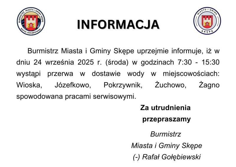 Informacja dot. przerwy w dostawie wody