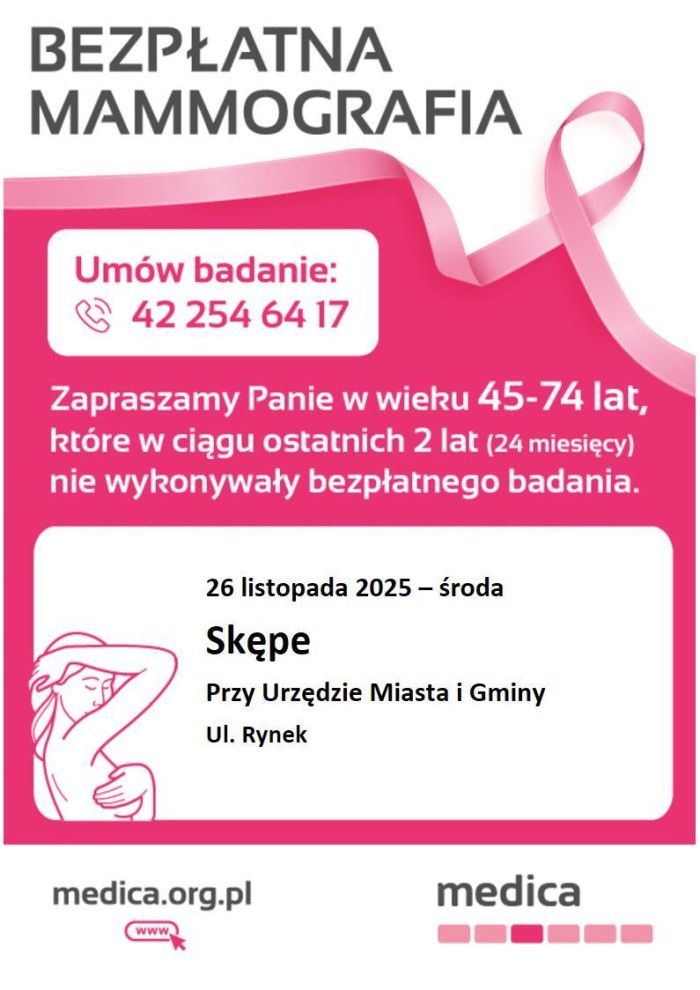 Plakat informacyjny - mamografia 26 listopada 2025 r. w Skępem