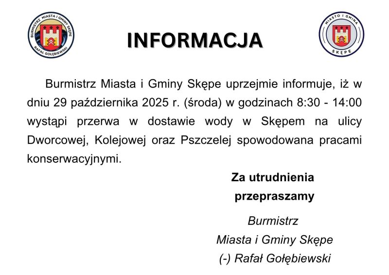 Informacja - przerwa w dostawie wody