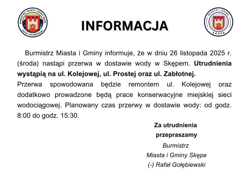 Przerwa w dostawie wody 26 listopad 2025 r. ul. Zabłotna, ul. Kolejowa oraz ul. Prosta