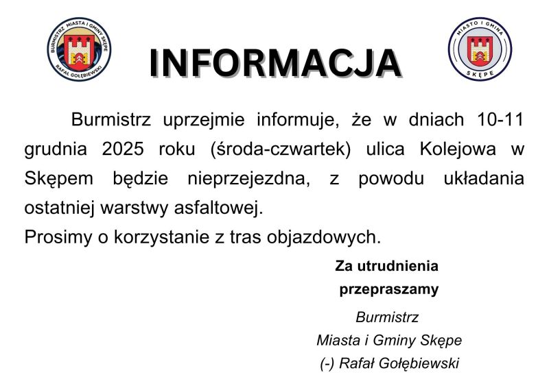 Informacja ul. Kolejowa 10-11 grudnia 2025