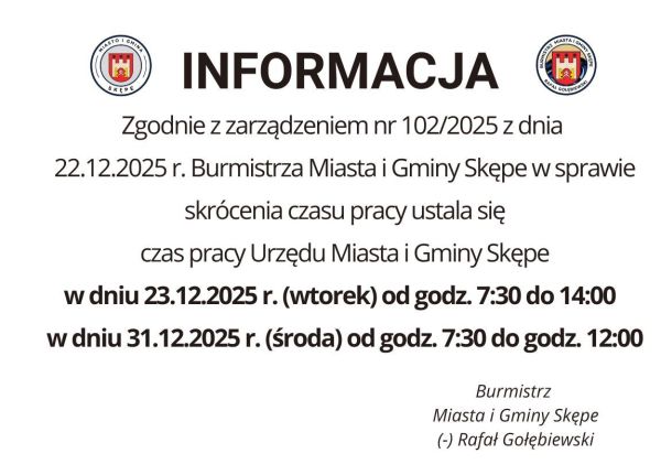 Informacja - skrócony czas pracy 23.12.2025 oraz 31.12.2025