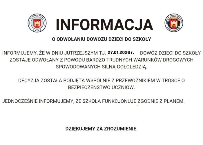 Informacja dotycząca odwołania dowozu dzieci do&nbsp;szkoły z&nbsp;powodu trudnych warunków drogowych