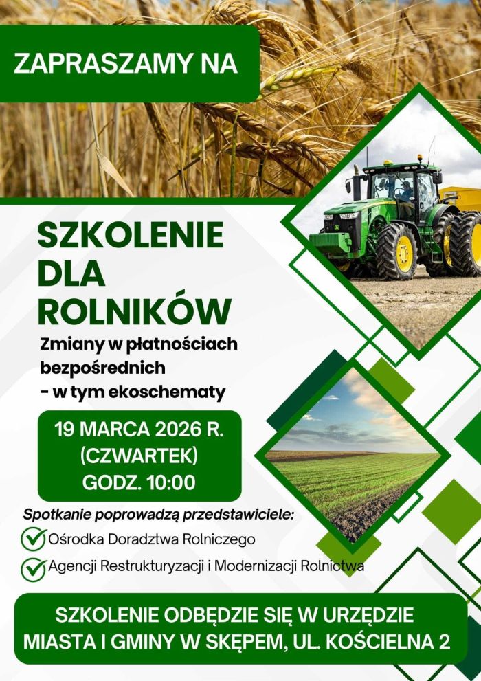 Plakat informacyjny - szkolenie dla rolników 19.03.2026 r.
