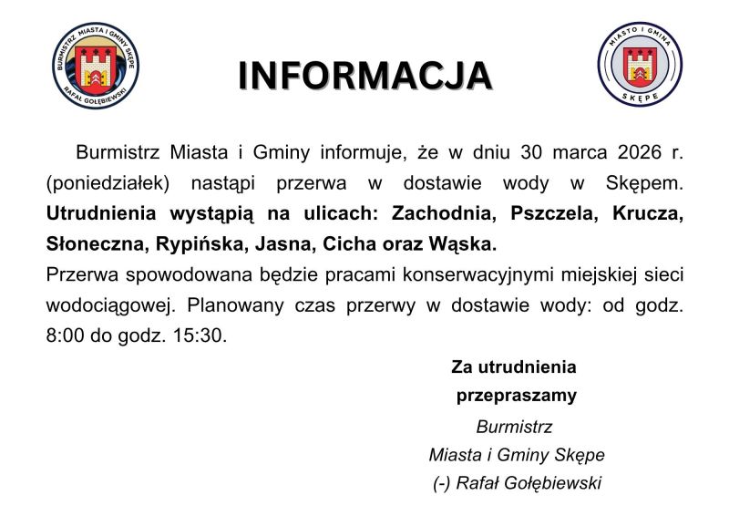 Informacja - przerwa w&nbsp;dostawie wody