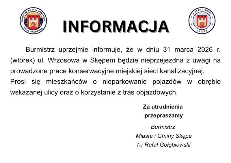 Informacja - tymczasowe zamknięcie drogi