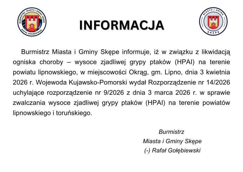 Informacja - likwidacja ogniska choroby wysoce zjadliwej ptasiej grypy
