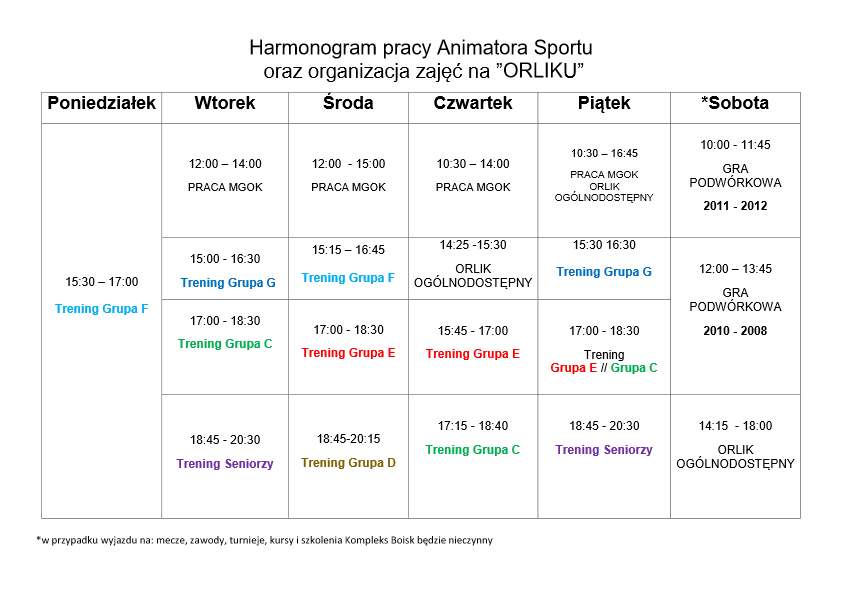 Harmonogram zajęć na Kompleksie Boisk Orlik