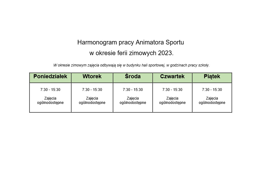 Harmonogram w Okresie Ferii