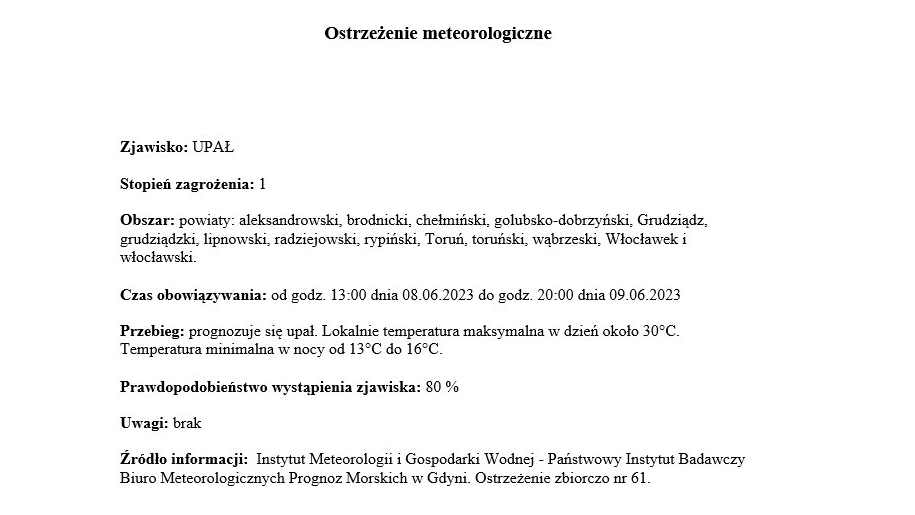 Ostrzeżenie meteorologiczne Zjawisko: UPAŁ