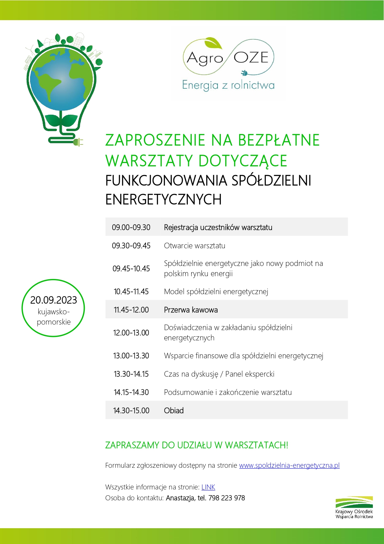 Zaproszenie na bezpłatne warsztaty dotyczące funkcjonowania spółdzielni energetycznych